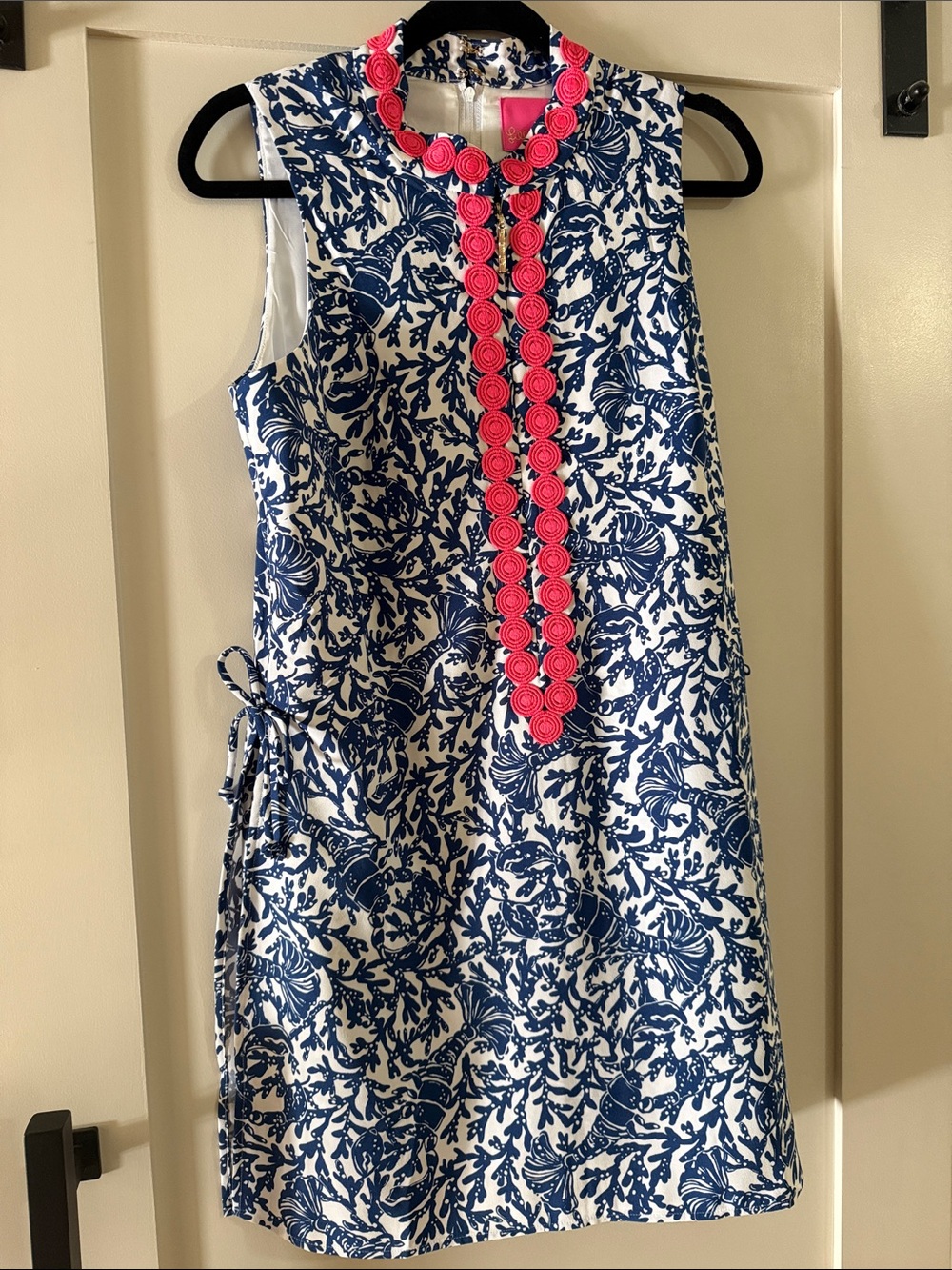 Lilly Pulitzer Navy & White Coral-Print Dress with Hot Pink Rosette Trim